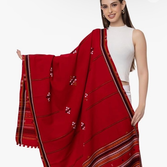 KUTCHI Hand Embroidery Striped Tasseled Mirror Work Red Woollen Shawl